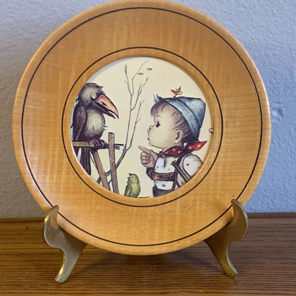 Goebel Hummel Picture Boy Talking to Black Bird Crow Round Wooden Wall Art 6 in